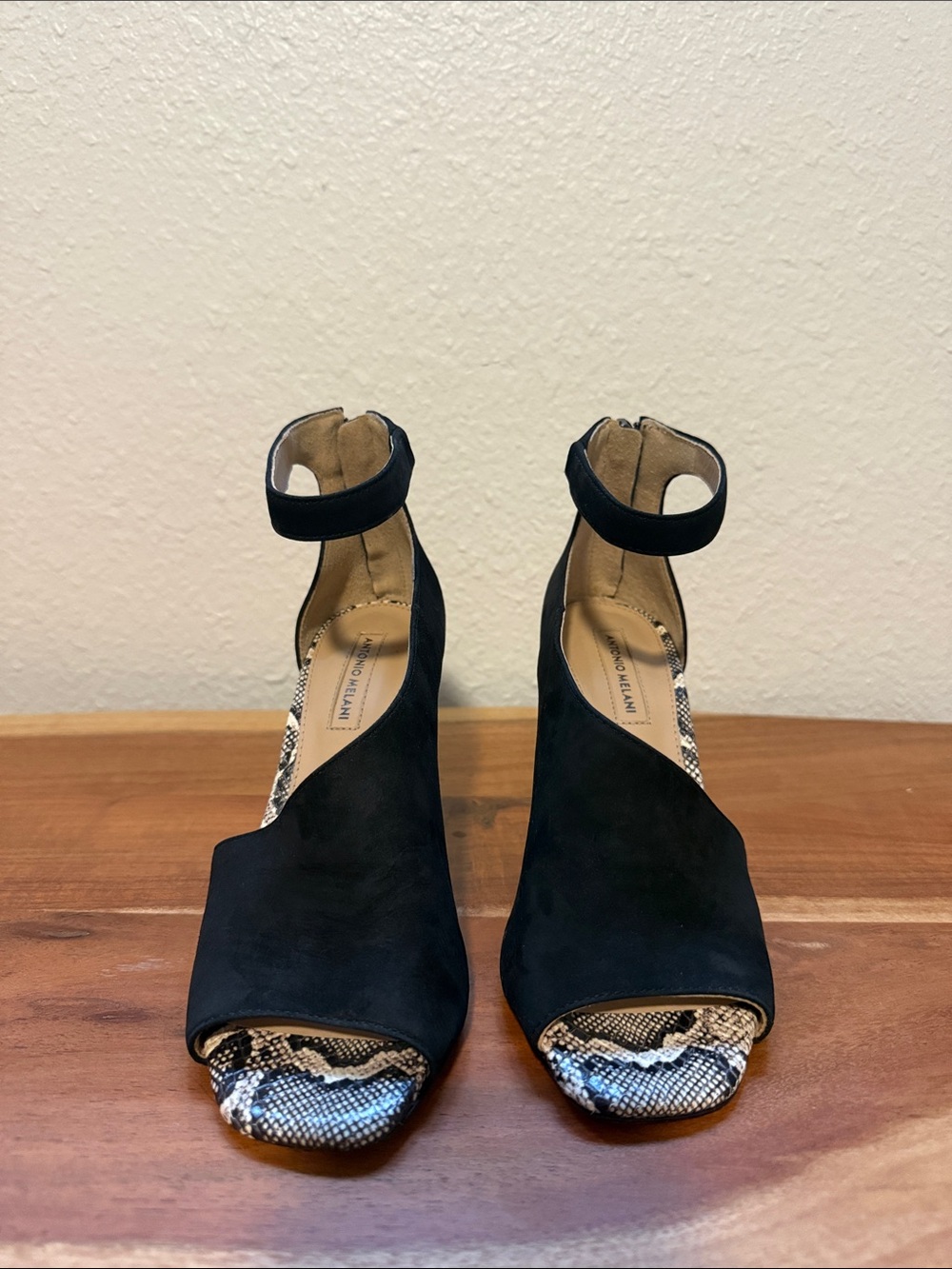 ANTONIO MELANI Black Suede Open-Toe Ankle-Strap Heels with Snakeskin Accents